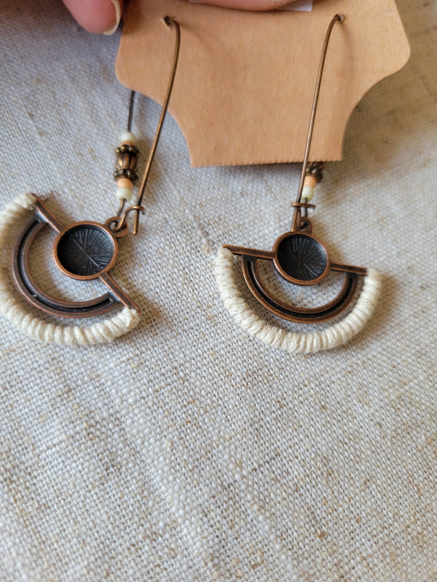 Beige Beaded Bronze Dangle Earrings