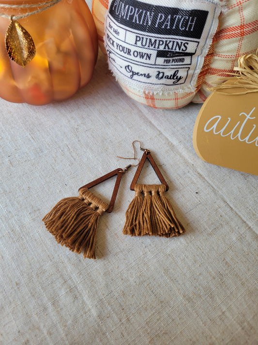 Brown Triangle Threaded Wooden Dangle Boho Earrings