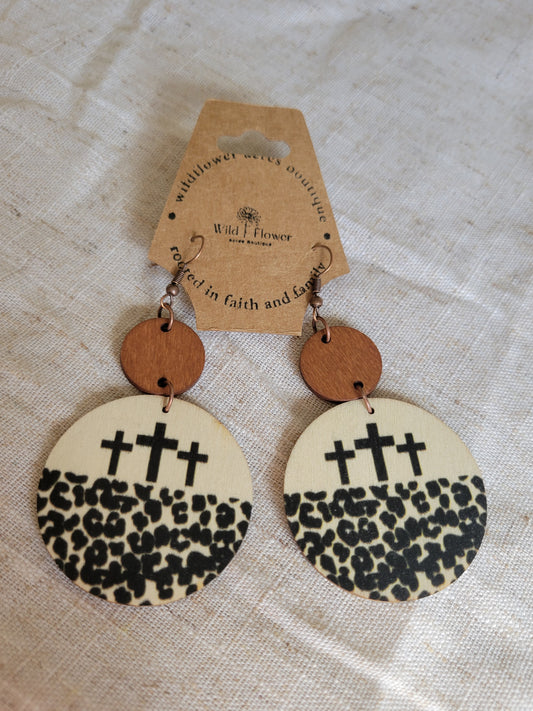 Cross 2 Tiered Wooden Jesus Earrings