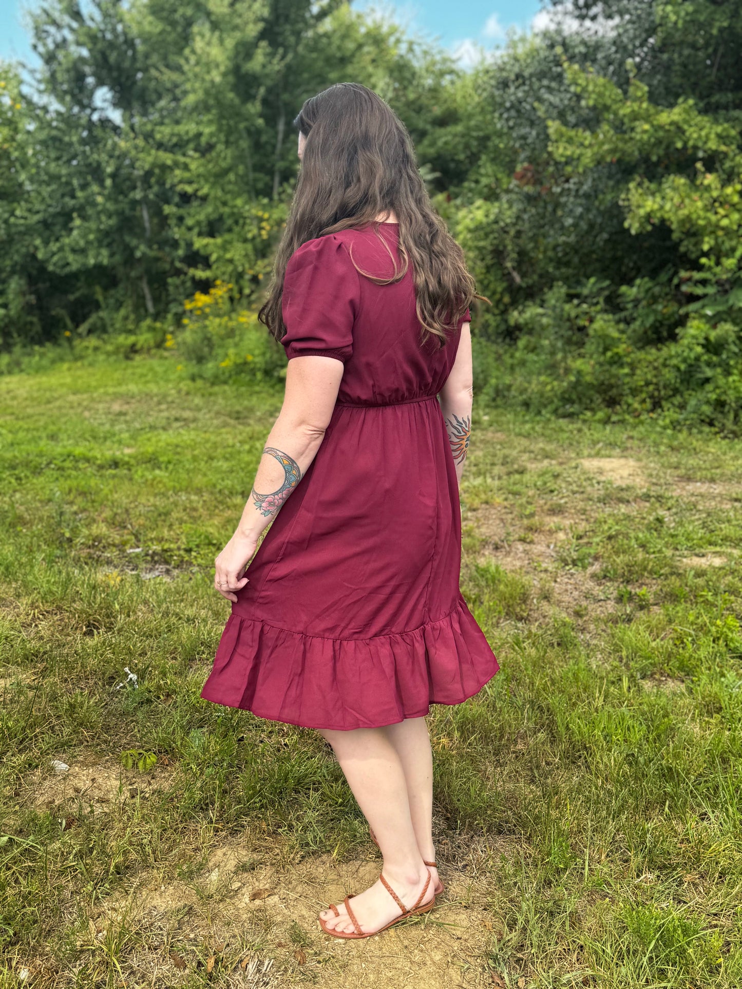 The Alyssa - Short Sleeved, Ruffled Burgundy Dress