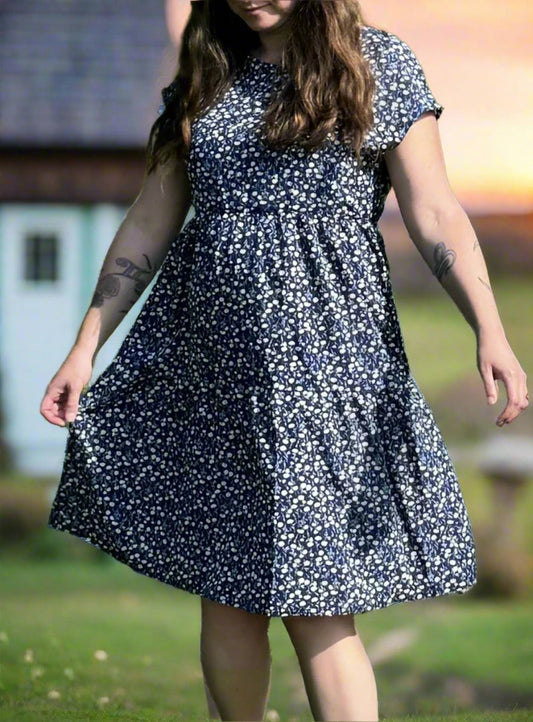 The Venus - Blue Short Sleeved Floral Dress