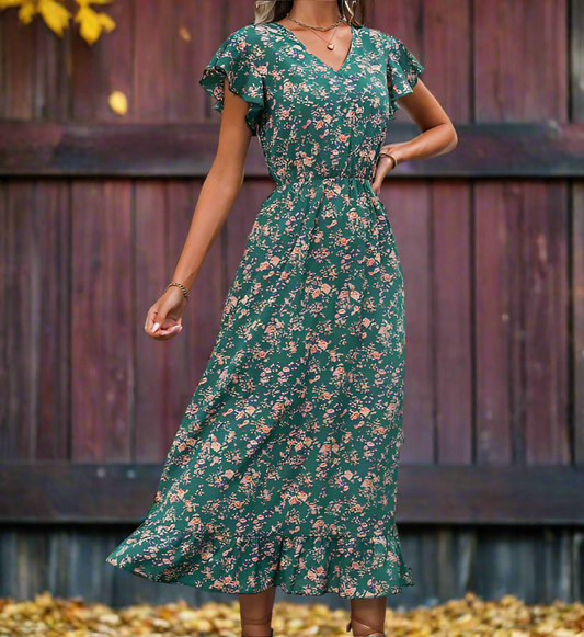 The Heather - Green Floral Midi Dress