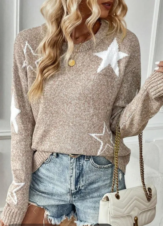 "BEIGE KISSES, AUTUMN WISHES"  Beige Colored Star Pattern Sweater