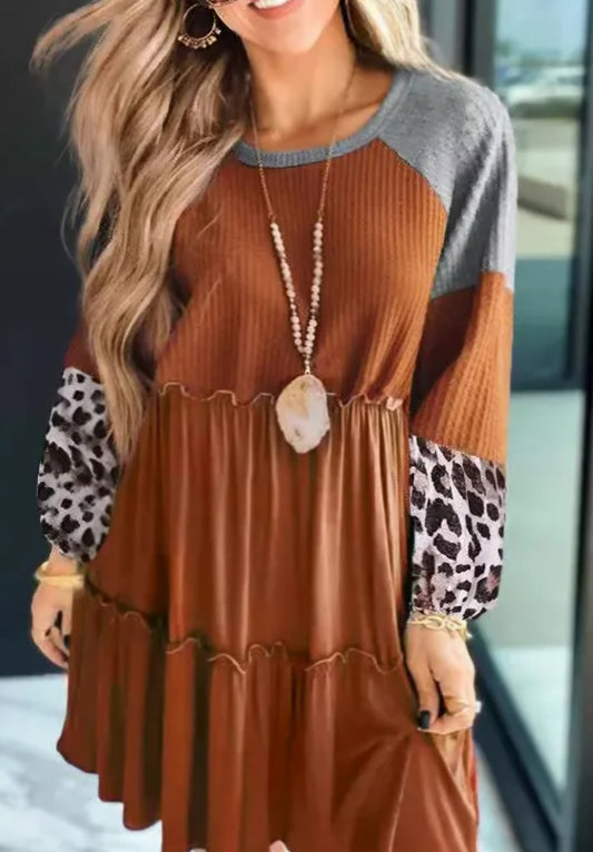 "HOME FOR THE HARVEST"  Brown Dress, Leopard Print Sleeves