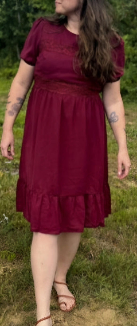 The Alyssa - Short Sleeved, Ruffled Burgundy Dress