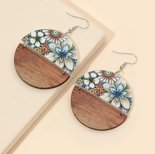 Multi Colored Floral Wooden Acrylic Round Dangle Earrings