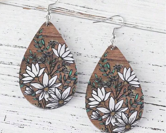 Wooden White Flower Tear Drop Dangle Earrings