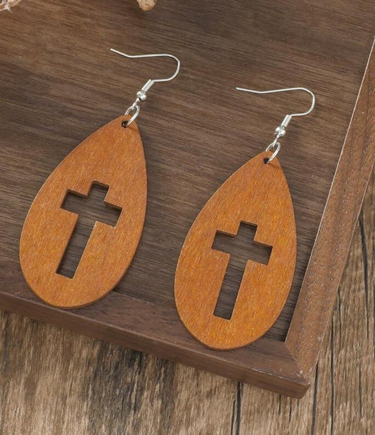 Wooden hollowed out cross dangle earrings