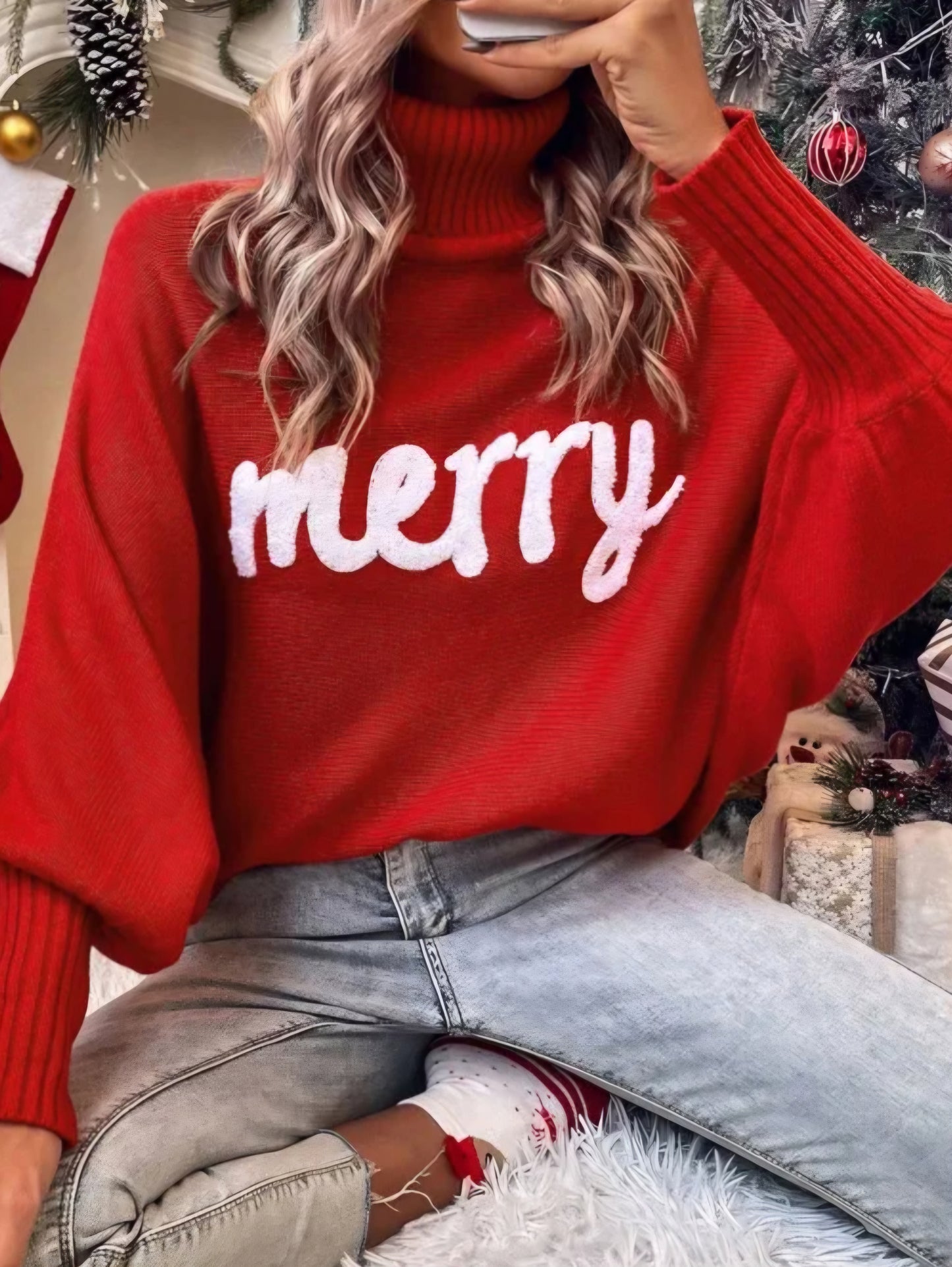 "Merry and Bright" woman's turtle neck red Merry sweater