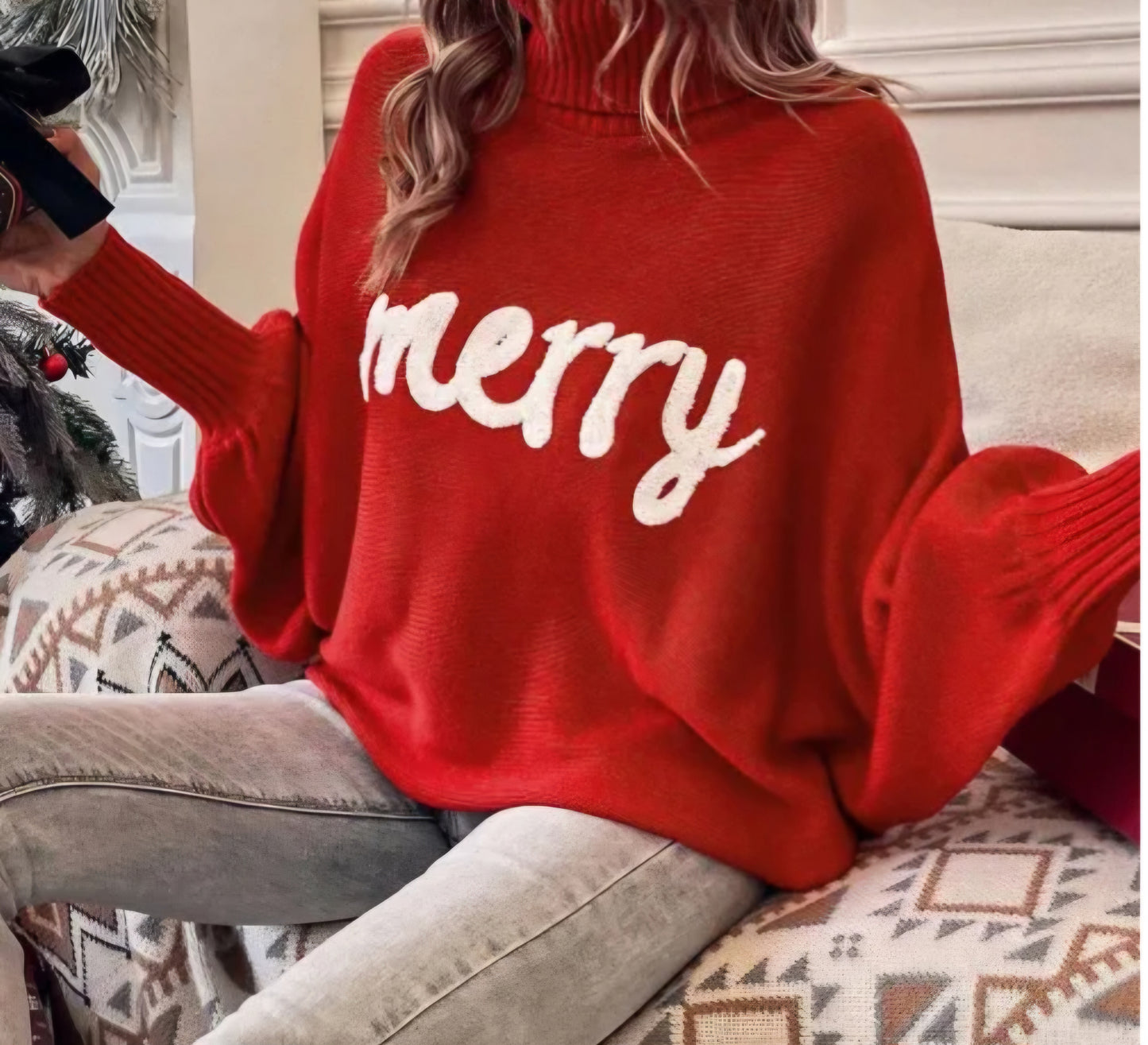 "Merry and Bright" woman's turtle neck red Merry sweater