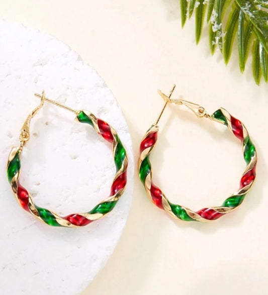 Christmas Red Green Gold Hoop Earrings