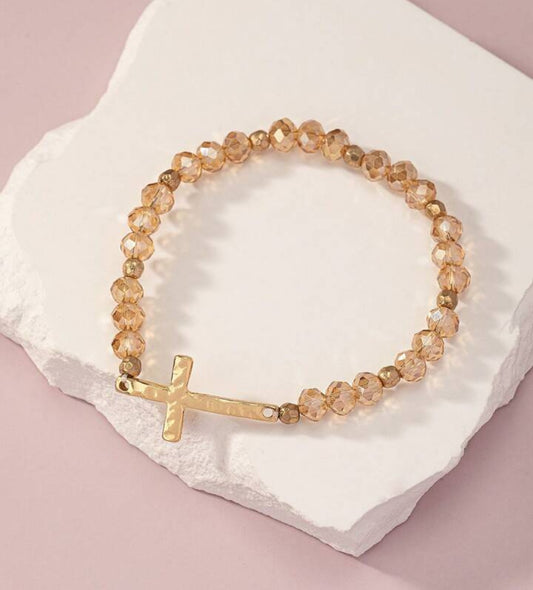 Beaded Champagne Colored Cross Bracelet