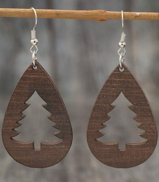 Wooden Hollow Christmas Tree Earrings